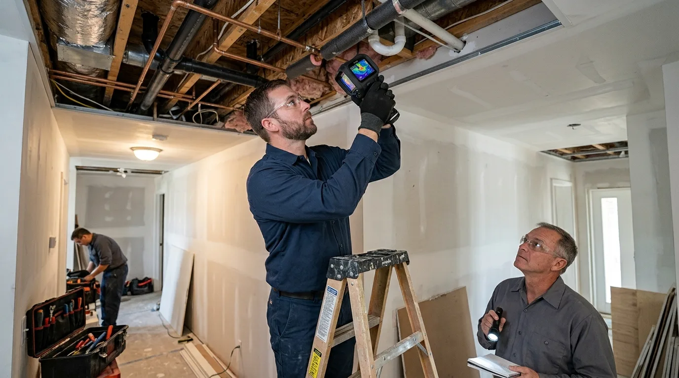 Plumber scanning an opened hallway ceiling with a thermal camera to locate a hidden leak