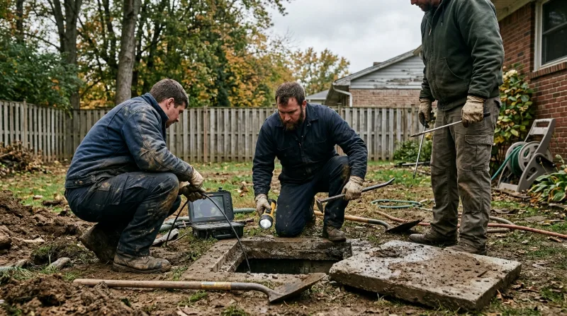 Crew lifting a concrete lid in a back yard to inspect a septic tank with a camera