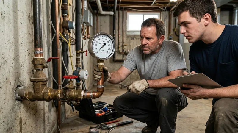 Plumber reading a pressure gauge on a brass main valve assembly
