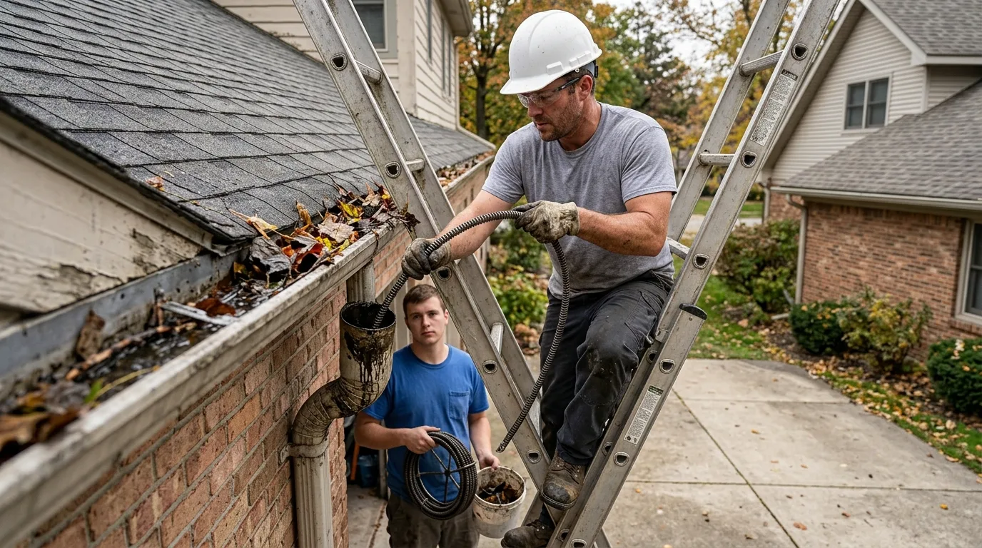 Plumber on a ladder clearing a blocked gutter and downspout