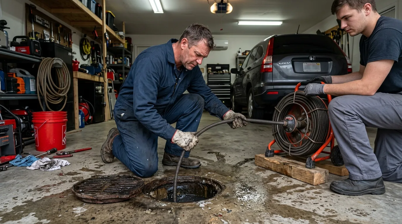 Plumber running a drain cable machine into a garage floor cleanout