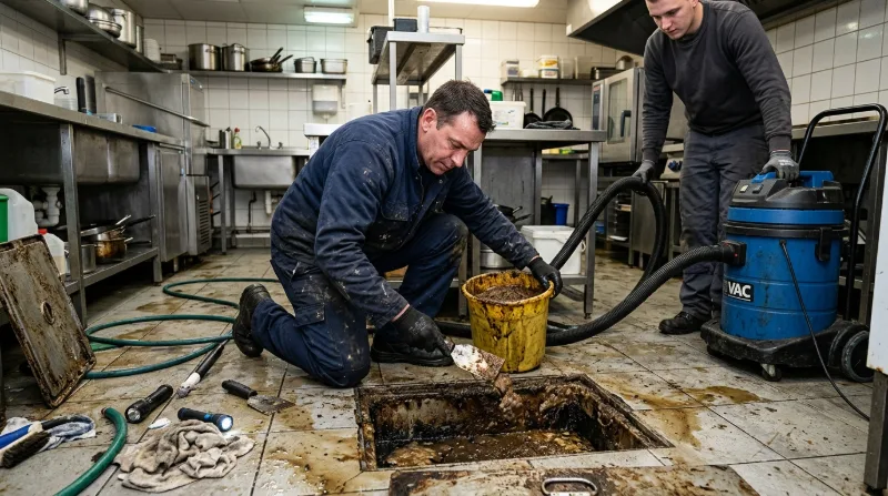 Plumber emptying a grease trap in a commercial kitchen with a wet vacuum