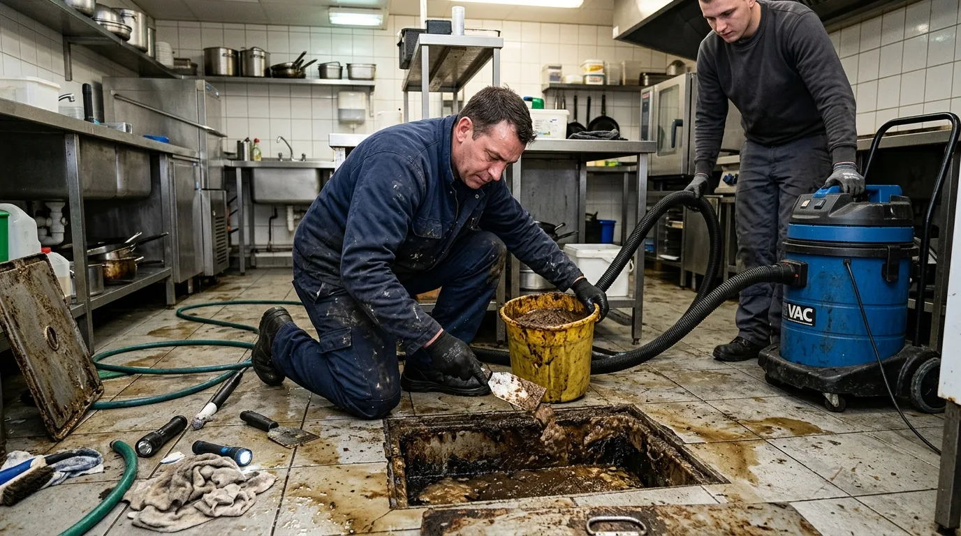 Plumber emptying a grease trap in a commercial kitchen with a wet vacuum