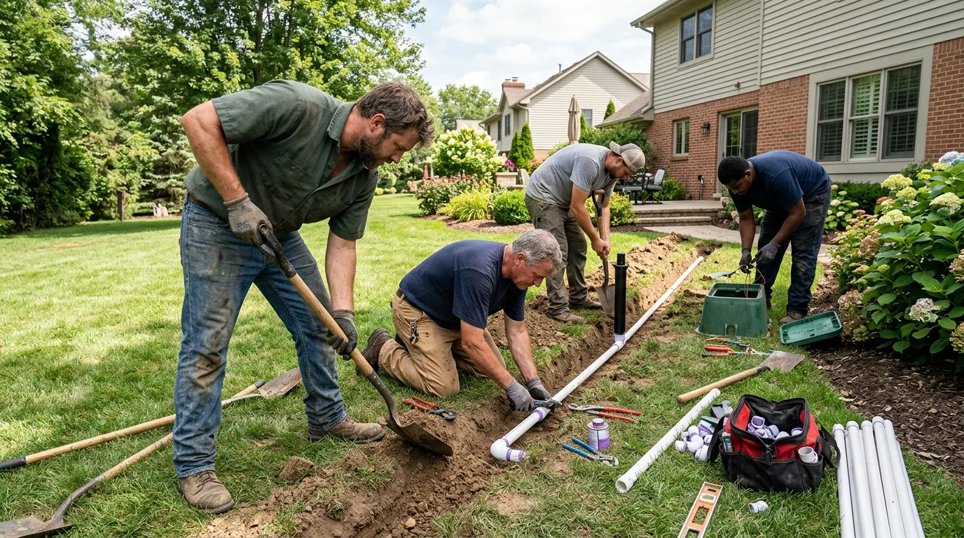 Crew hand-digging a trench across a lawn to lay new PVC drainage pipe