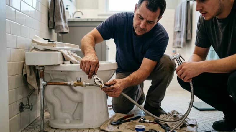 Plumber tightening a supply connection behind a toilet with a bidet attachment
