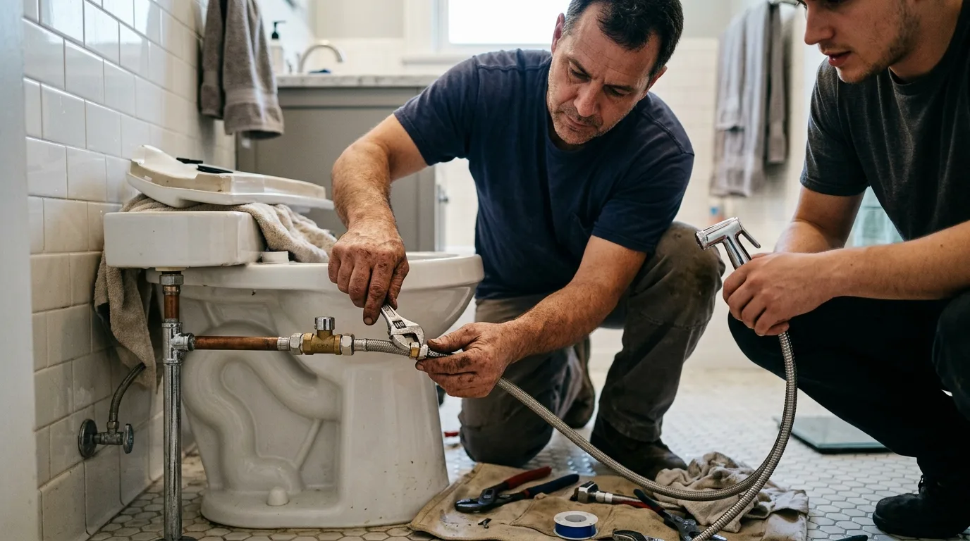 Plumber tightening a supply connection behind a toilet with a bidet attachment