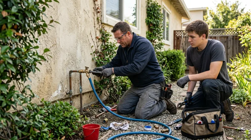 Plumber replacing an exterior hose bib on a stucco wall
