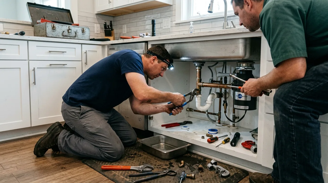 Plumber working on the trap and supply lines under a kitchen sink