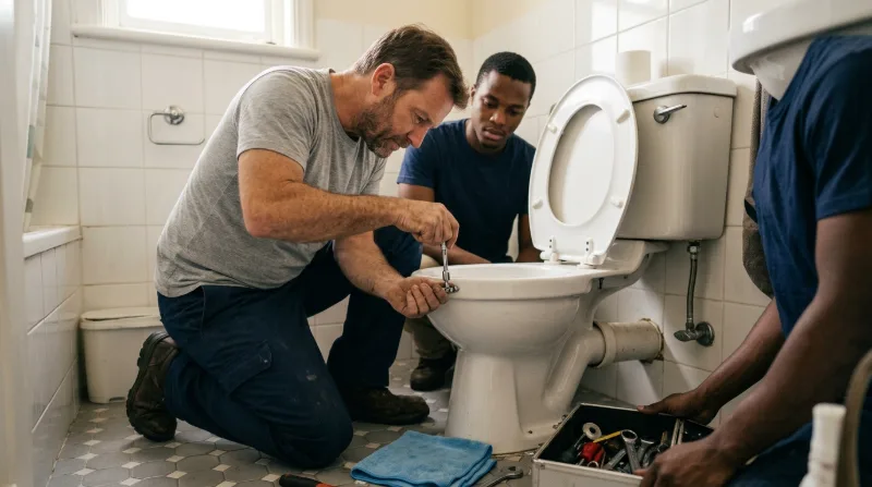 Plumbers refitting a toilet seat and tank hardware in a tiled bathroom