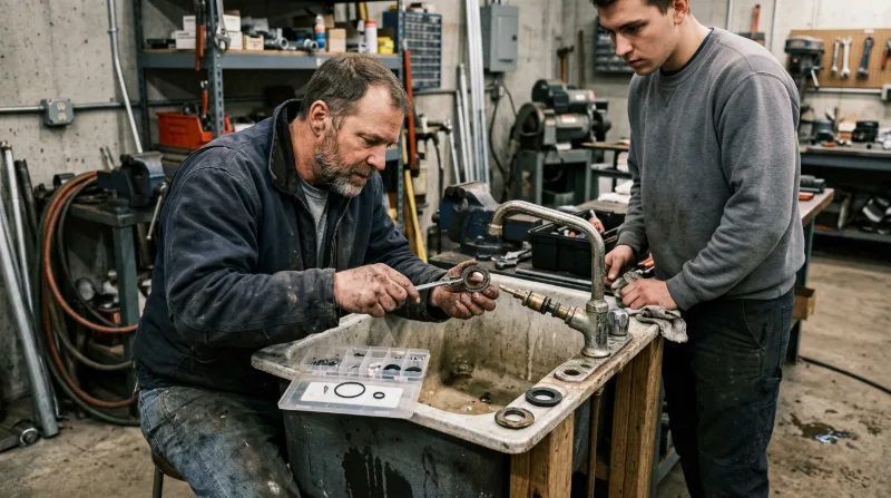 Plumber rebuilding a utility sink faucet on a workshop bench
