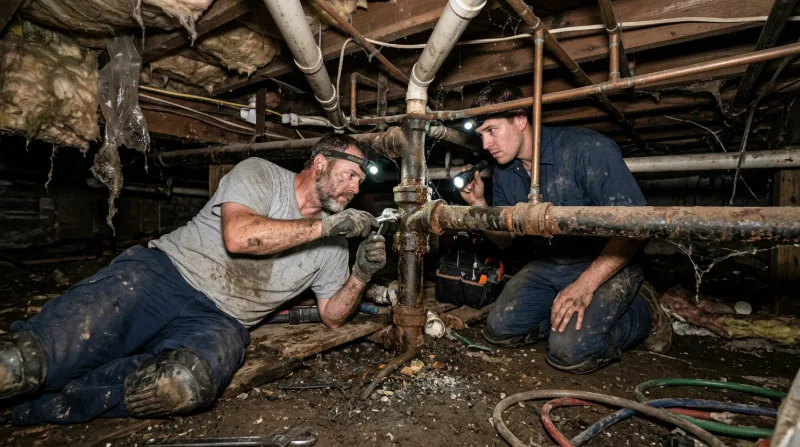 Plumber inspecting corroded pipes in a crawlspace by headlamp