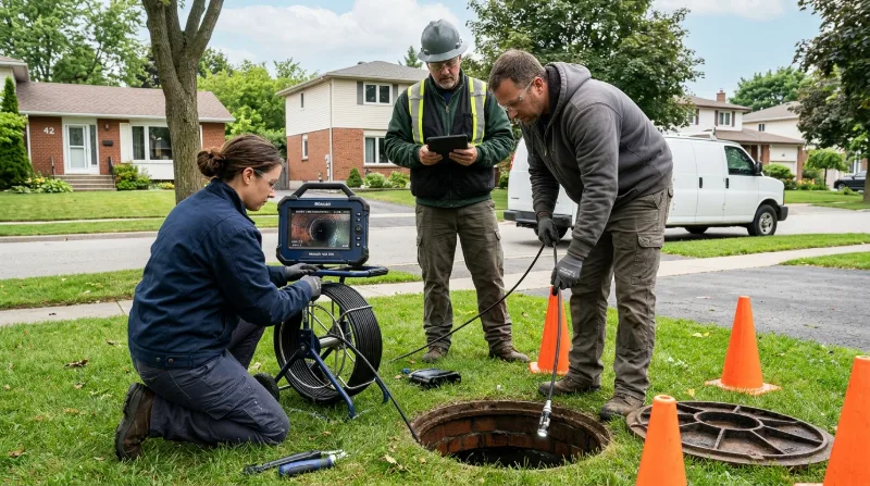 Crew feeding a sewer camera into a street manhole behind traffic cones
