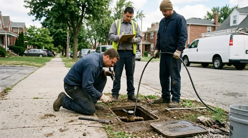 Plumber inspecting a curbside water meter box at the sidewalk