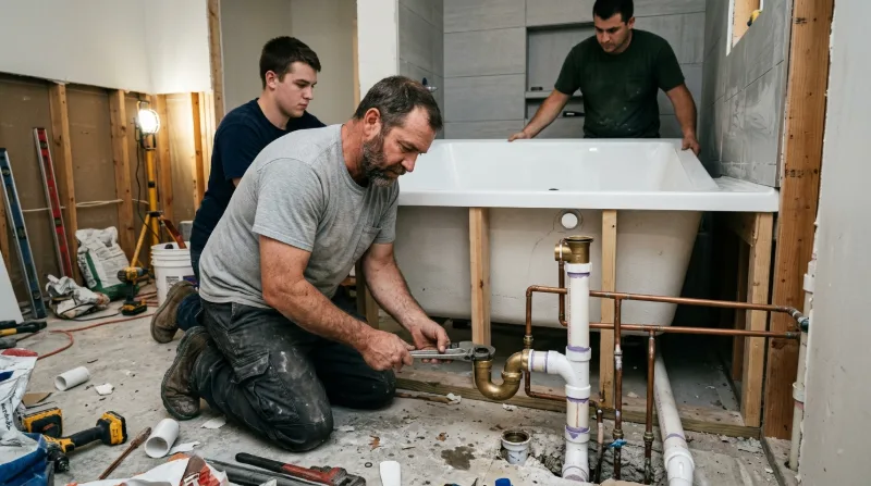 Plumbers installing a new bathtub during a Buena Park bathroom remodel