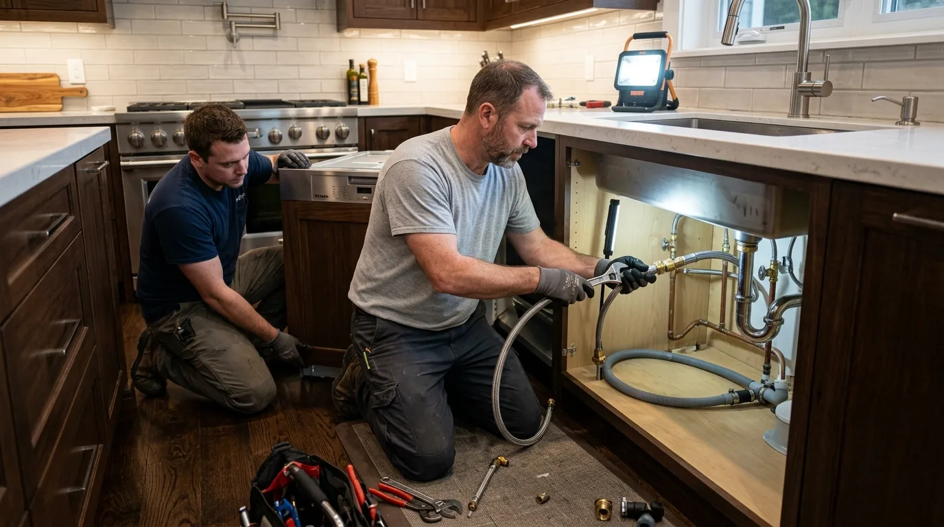 Plumber setting a built-in basin into a new bathroom countertop