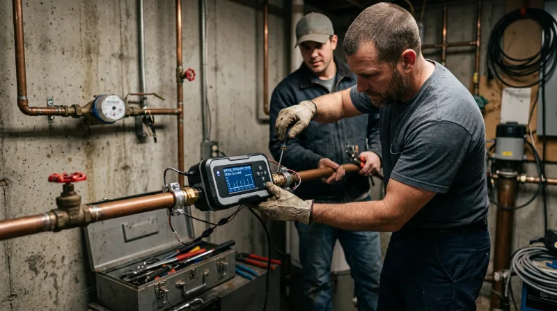 Plumber fitting an electronic leak detector onto a copper main line