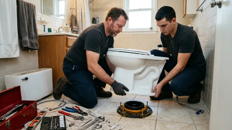 Plumbers setting a new toilet onto its flange