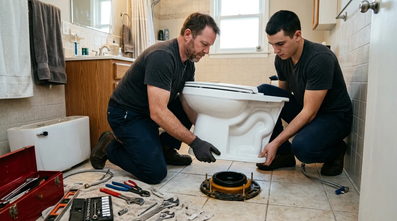 Plumbers setting a new toilet onto its flange