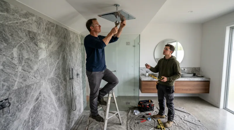 Plumber fitting a ceiling-mounted rain shower head in a tiled bathroom