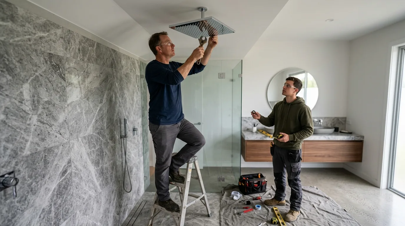 Plumber fitting a ceiling-mounted rain shower head in a tiled bathroom