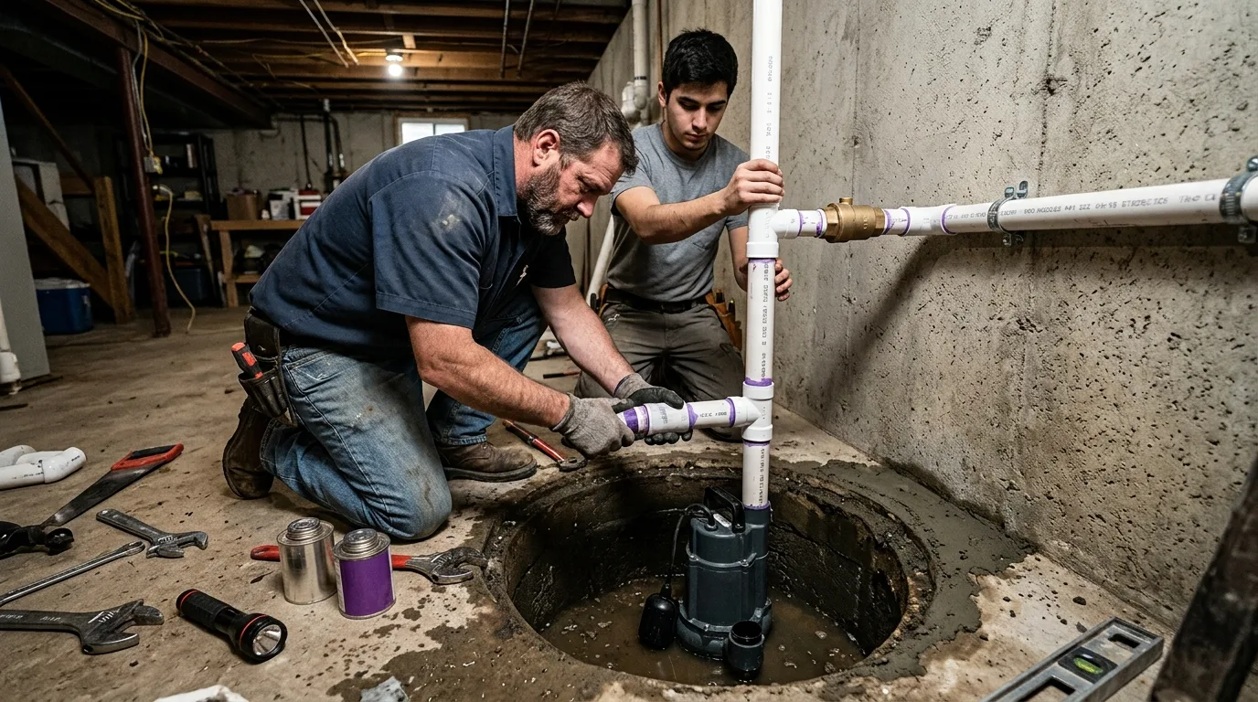 Plumber plumbing the discharge line for a new basement sump pump