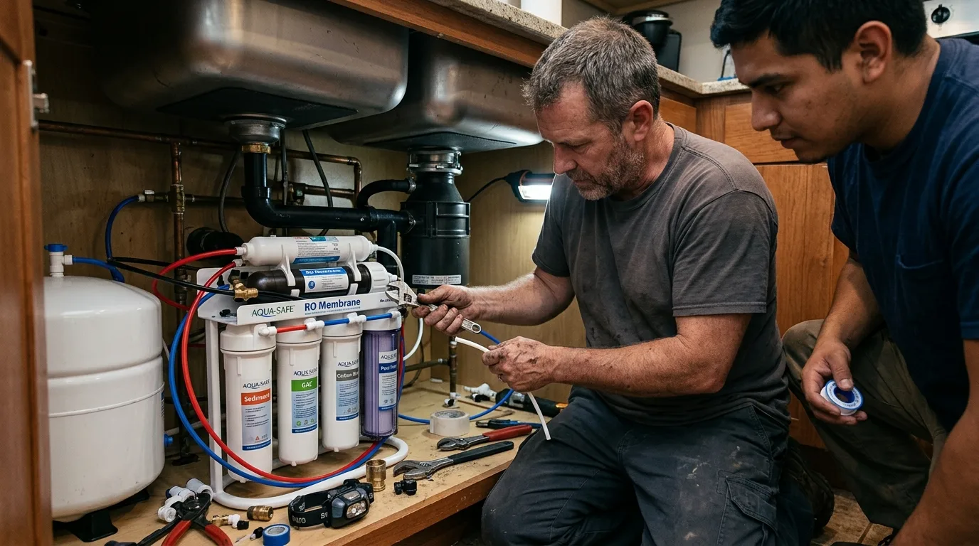 Plumber installing a multi-stage water filtration system under a sink
