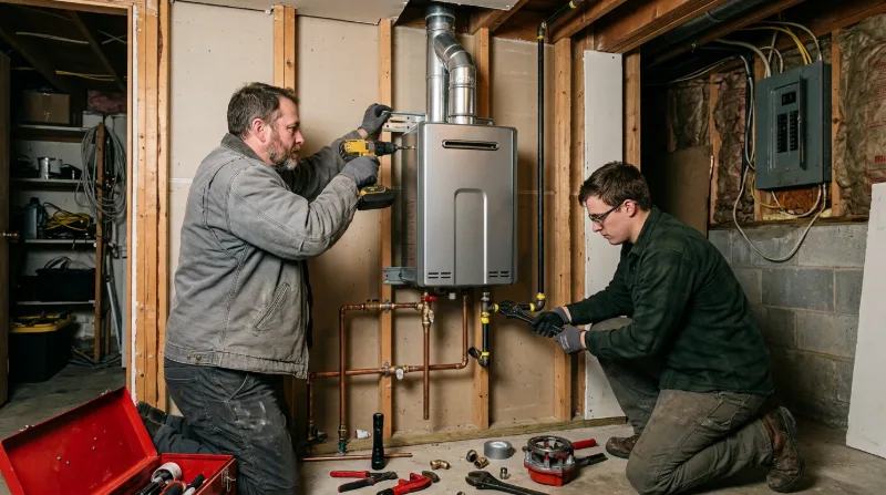 Plumbers mounting a tankless water heater and connecting gas and water lines