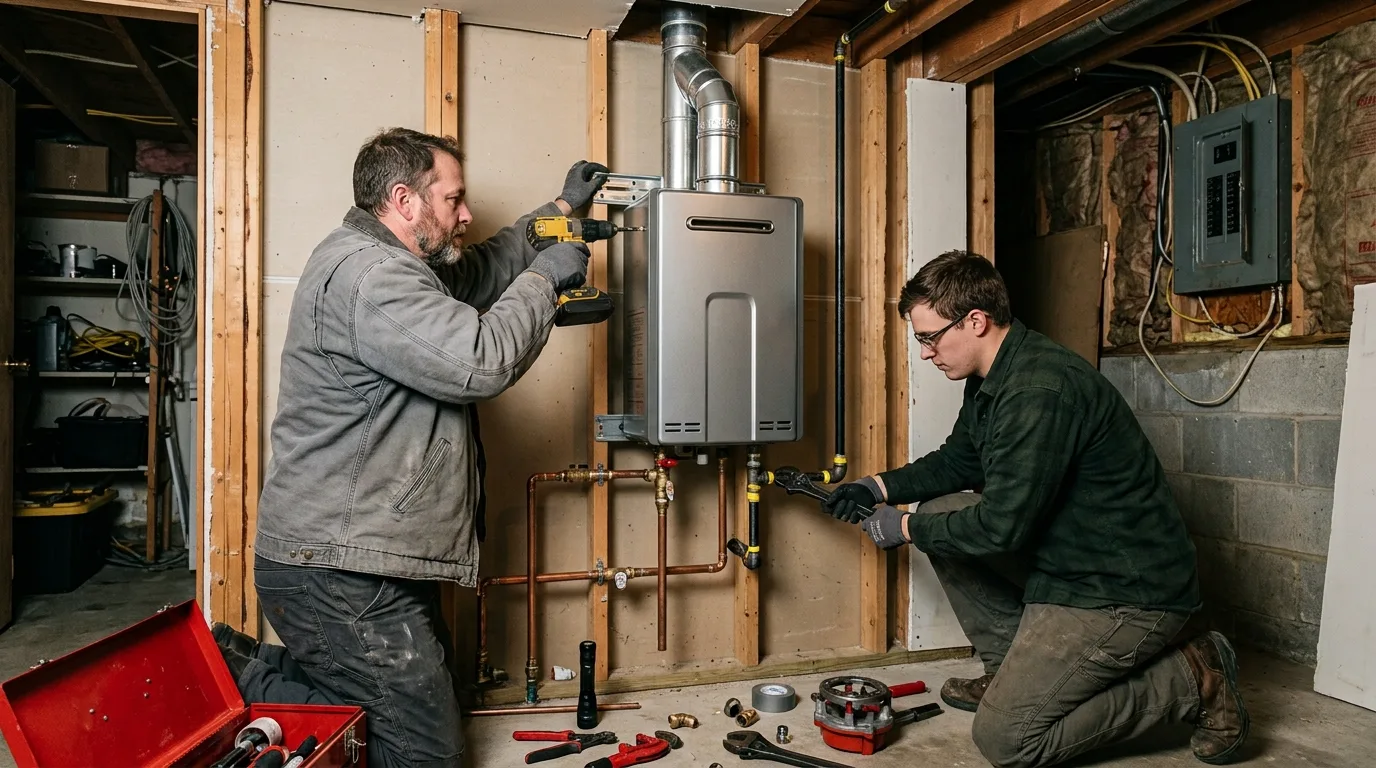 Plumbers mounting a tankless water heater and connecting gas and water lines
