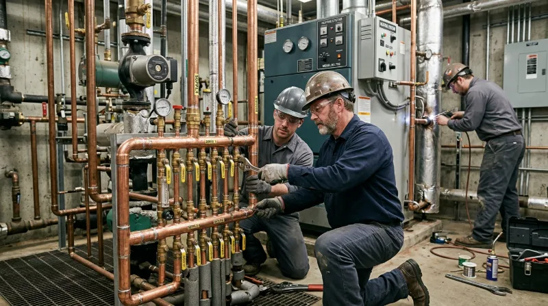 Plumbers testing the controls inside an opened boiler cabinet