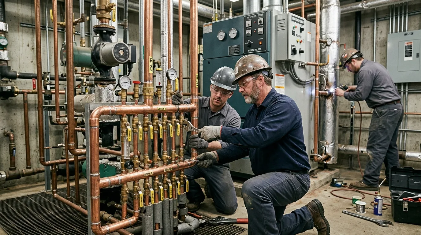 Plumbers testing the controls inside an opened boiler cabinet