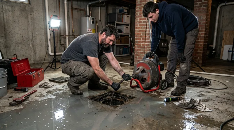 Plumber cabling a flooded basement floor drain under work lights