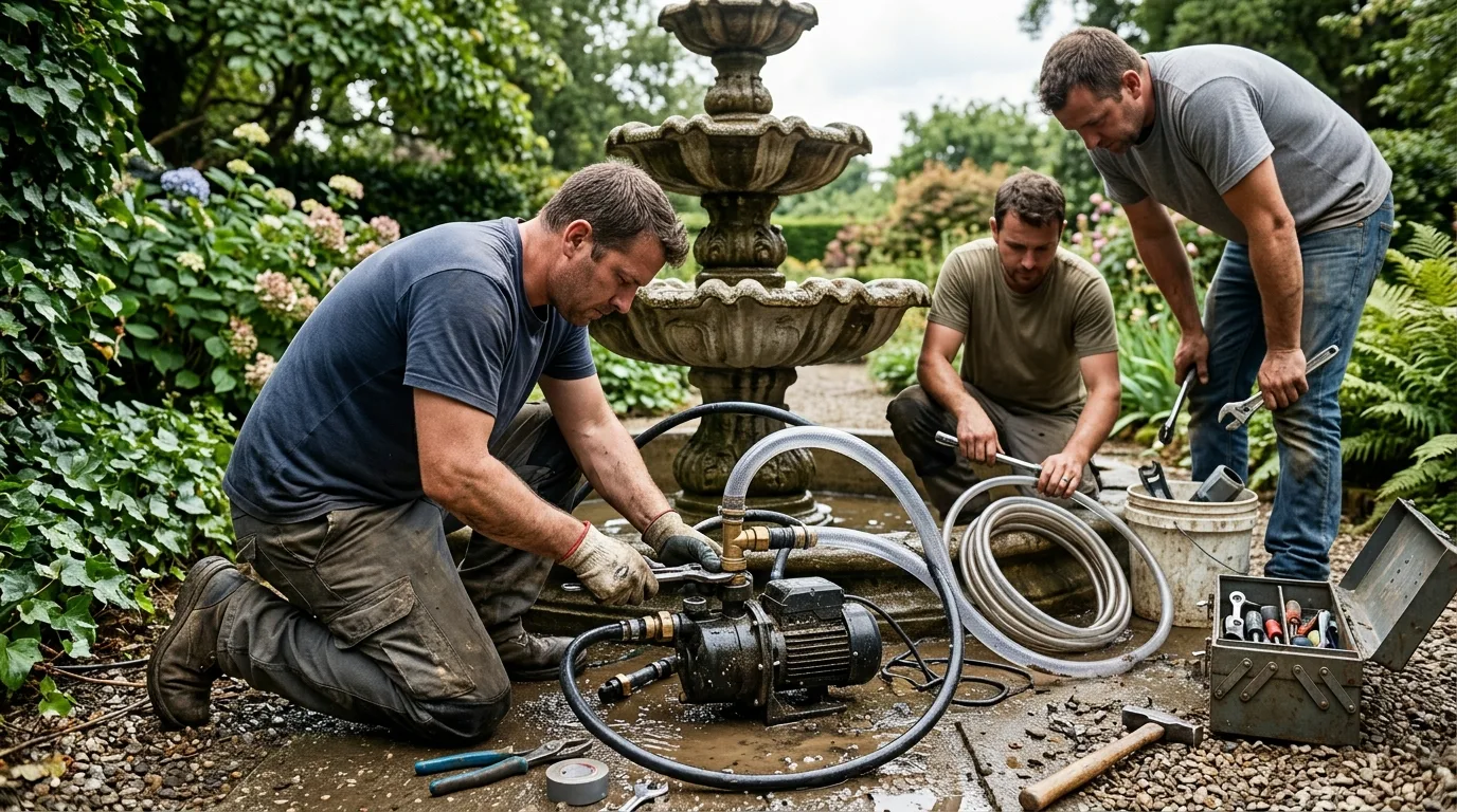 Plumbers rebuilding the pump feeding a garden fountain
