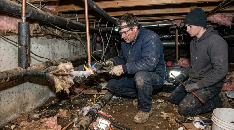 Plumber thawing and soldering a frozen copper line in a crawlspace