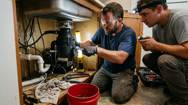 Plumber servicing a garbage disposal unit under a kitchen sink
