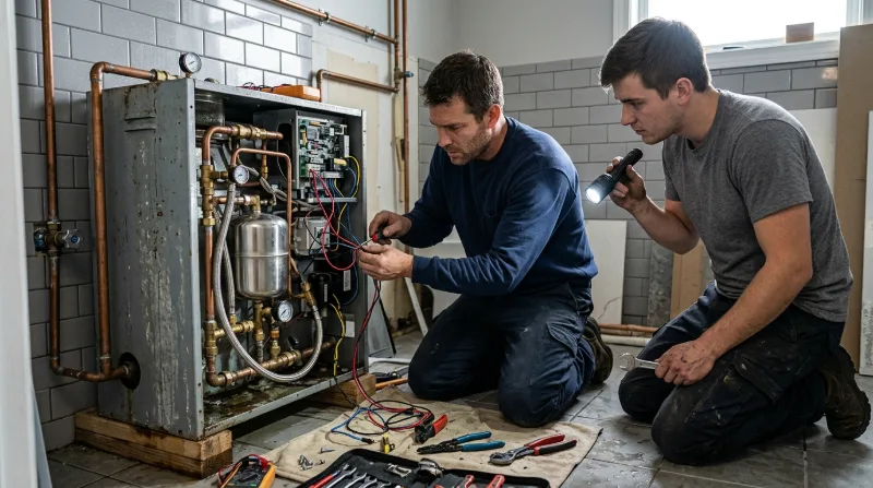 Crew servicing a copper manifold and pumps in a commercial mechanical room