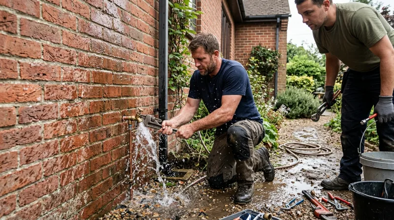 Plumber shutting down a spraying outdoor faucet on a brick wall