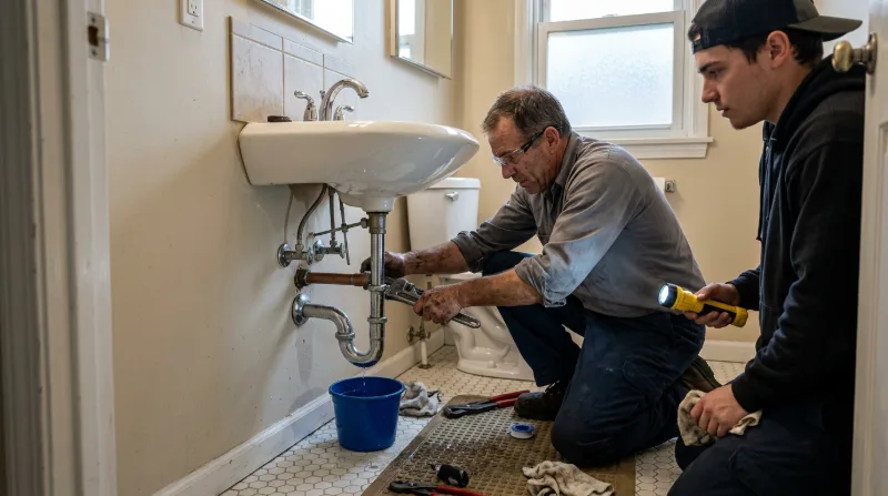Plumber replacing the trap under a pedestal bathroom sink