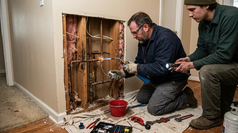 Plumber soldering a copper repair inside an opened wall cavity