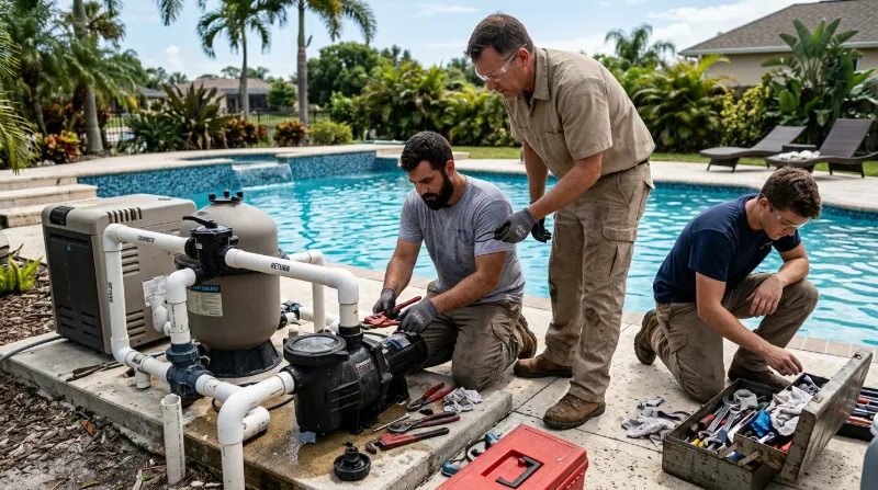 Crew repiping the pump and filter on a pool equipment pad