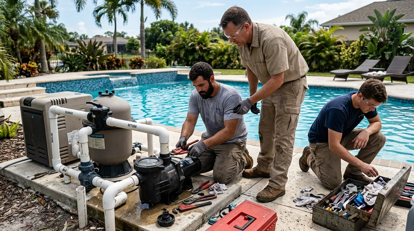 Crew repiping the pump and filter on a pool equipment pad