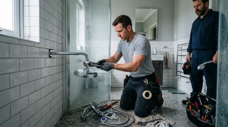 Plumber replacing a shower head and arm in a glass-screened shower