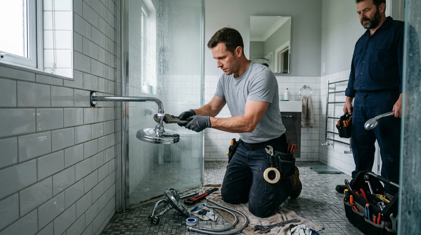 Plumber replacing a shower head and arm in a glass-screened shower