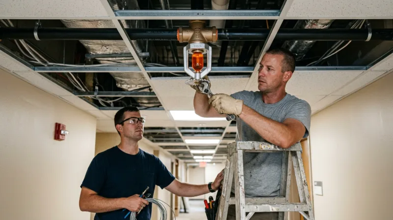 Plumber on a ladder fitting a fire sprinkler head in a commercial corridor