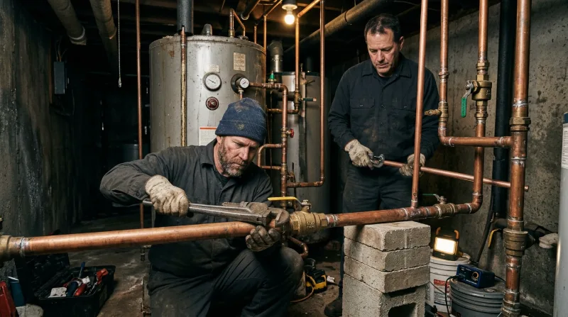 Plumbers reworking the copper connections above a tank water heater