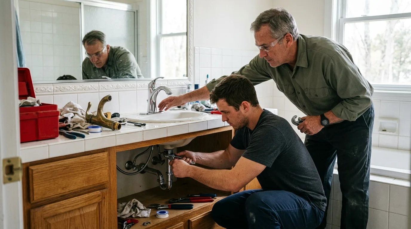 Plumbers replacing a bathroom vanity faucet and supply lines