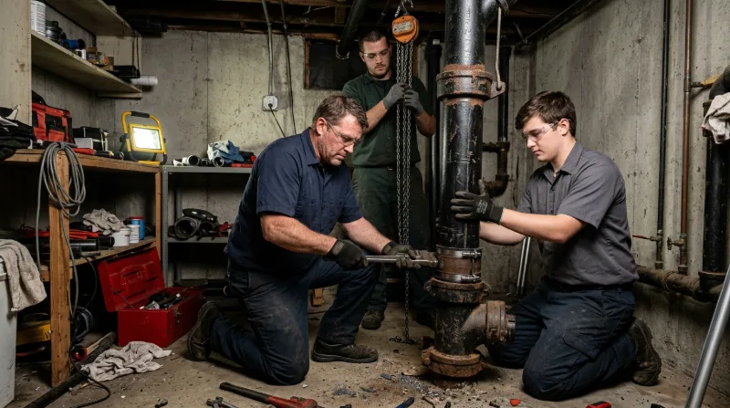 Plumbers replacing a corroded cast-iron sewer stack section inside a wall