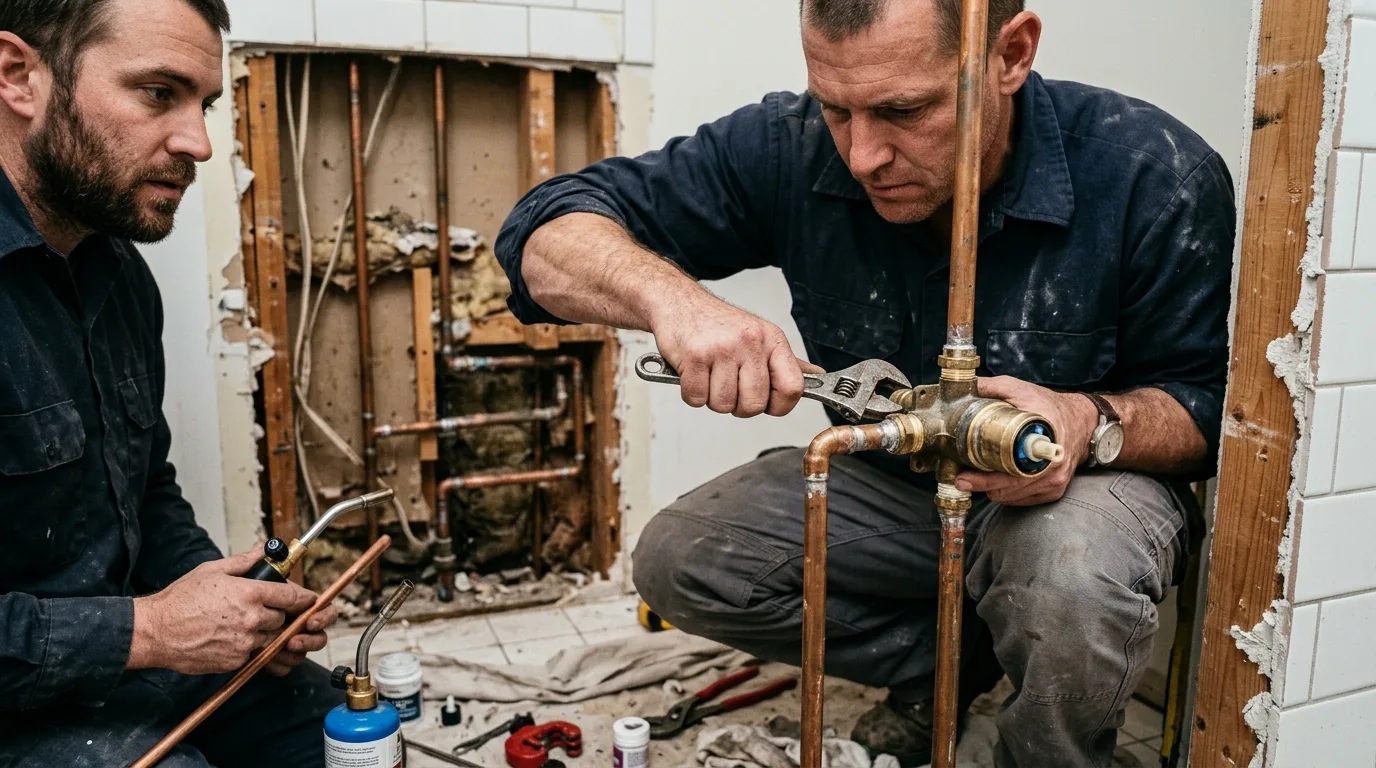 Plumbers fitting a new shower mixing valve in an opened wall