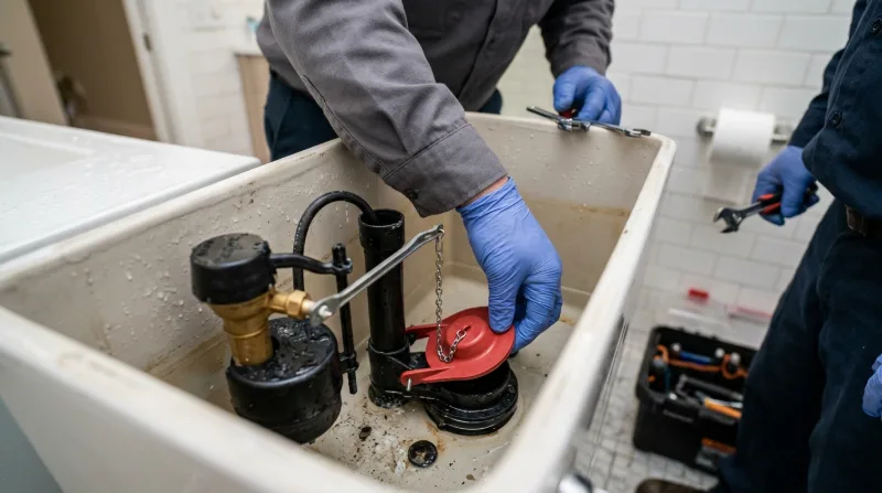 Plumbers replacing a brass shut-off valve on copper pipework
