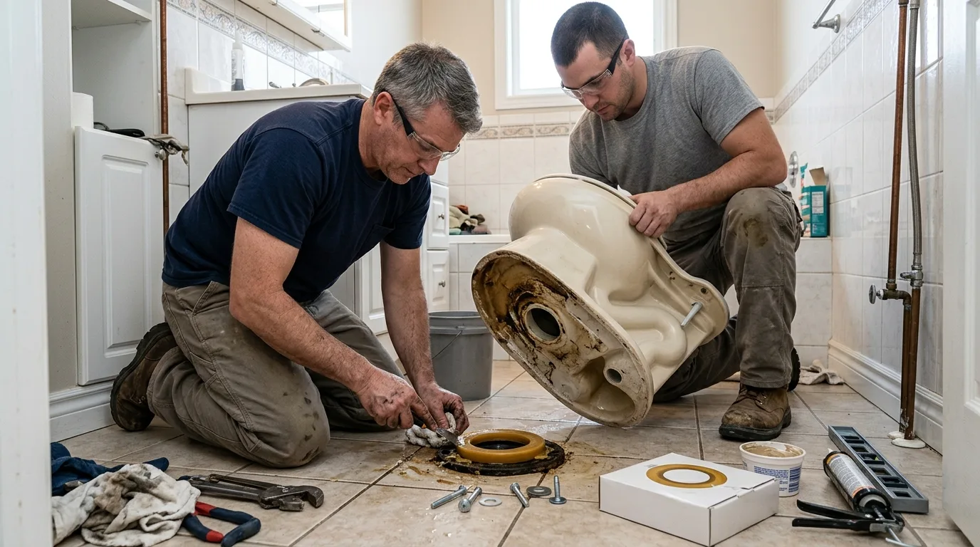 Plumbers replacing the wax ring under a lifted toilet
