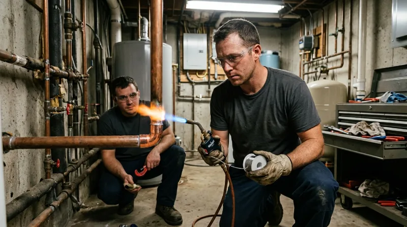 Plumber soldering a copper elbow beside a water heater